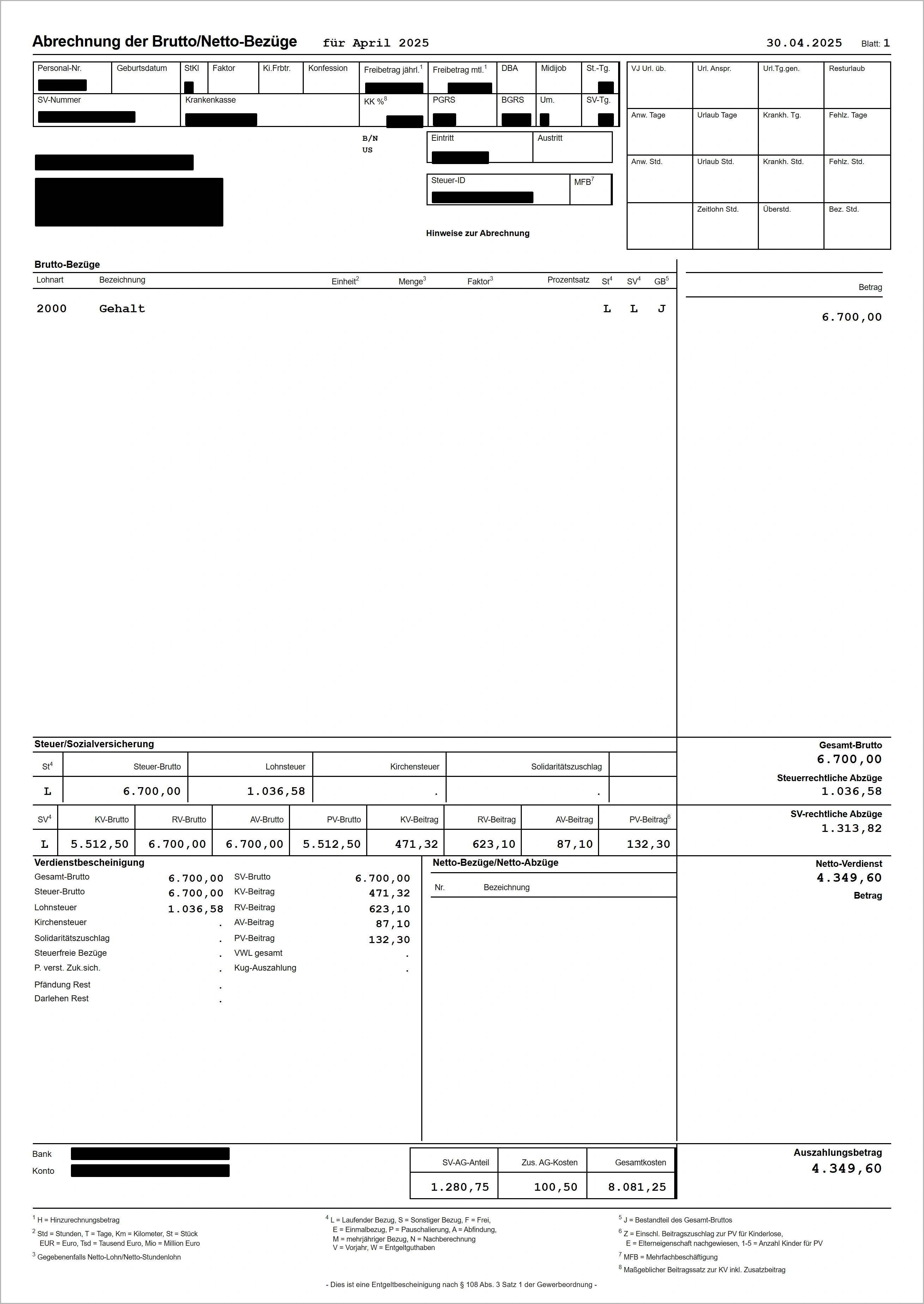 Entgeltabrechnung für April 2025 mit Auszahlungsbetrag 4.349,60 Euro (Musterabrechnung, persönliche Daten geschwärzt)